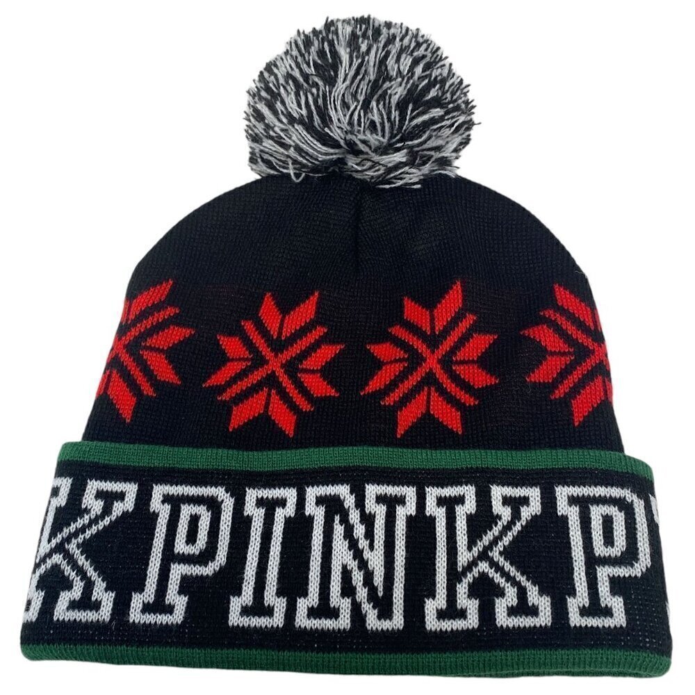 PINK Beanie Hat with Pompom Black Logo Fair Isle Snowflakes Victoria's Secret